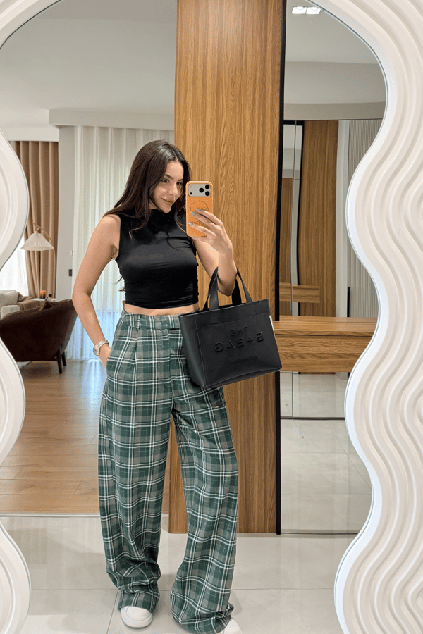 Chelsy Yeşil Ekose Palazzo Pantolon