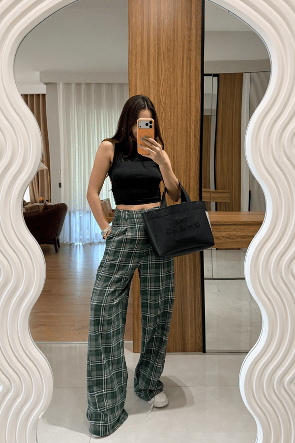 Chelsy Yeşil Ekose Palazzo Pantolon