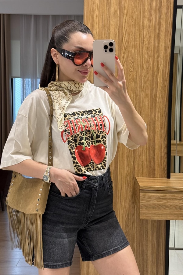 Cherries Ekru Leopar Bakılı Tshirt