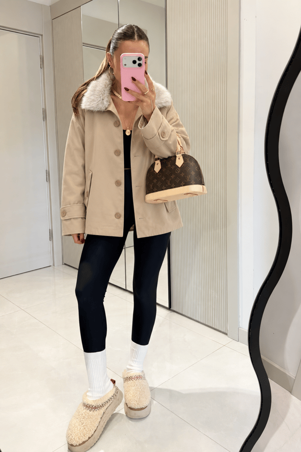 Claria Camel Kürk Yaka Detaylı Düğmeli Trenç 