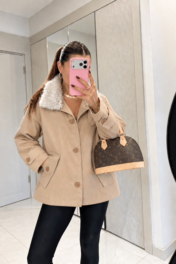 Claria Camel Kürk Yaka Detaylı Düğmeli Trenç 