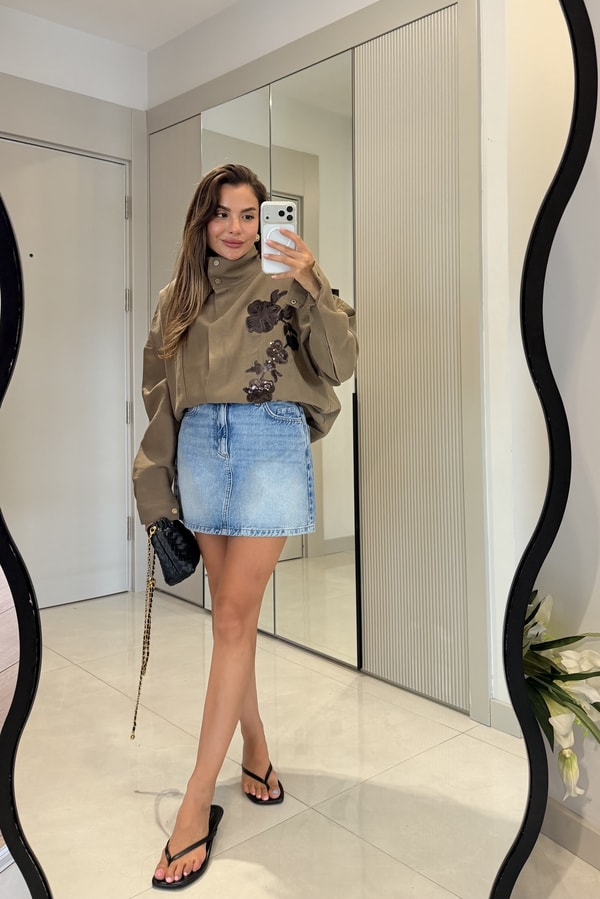 Clarisse Haki Payet Çiçek Detaylı Oversize Ceket