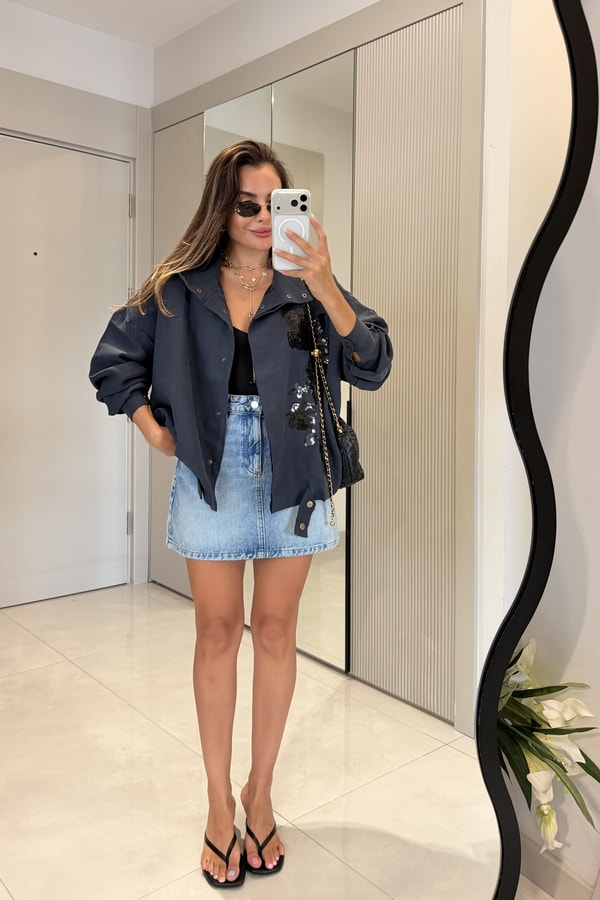 Clarisse Lacivert Payet Çiçek Detaylı Oversize Ceket