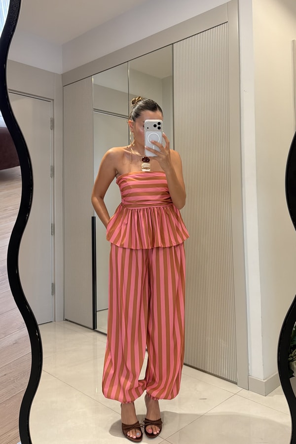 Clary Pembe-Camel Çizgili Straplez Bluz Pantolon Takım