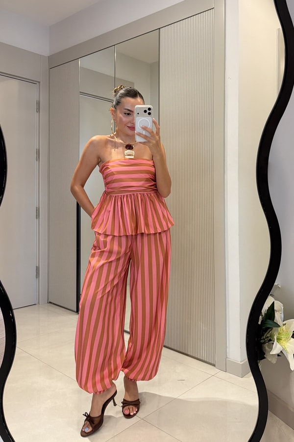Clary Pembe-Camel Çizgili Straplez Bluz Pantolon Takım