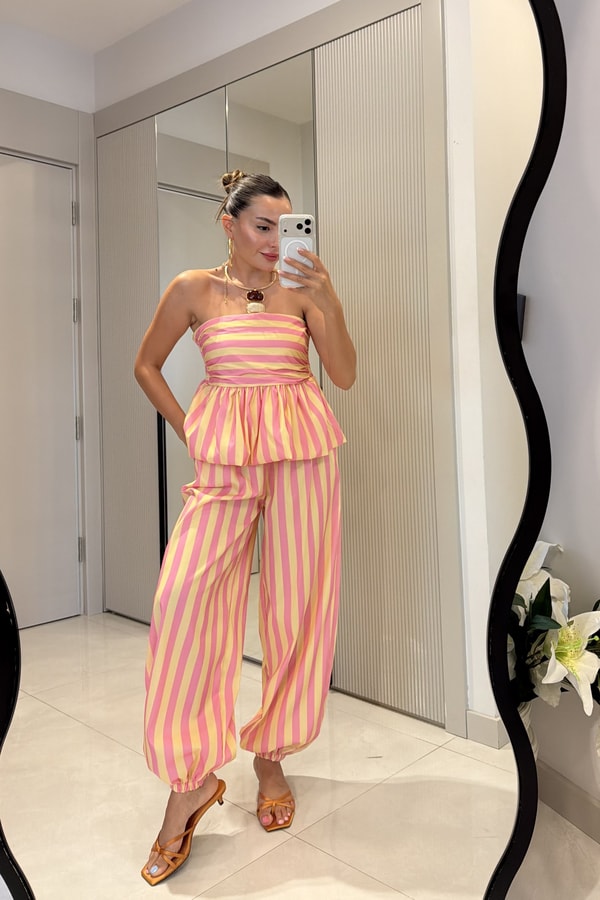 Clary Pembe-Sarı Çizgili Straplez Bluz Pantolon Takım