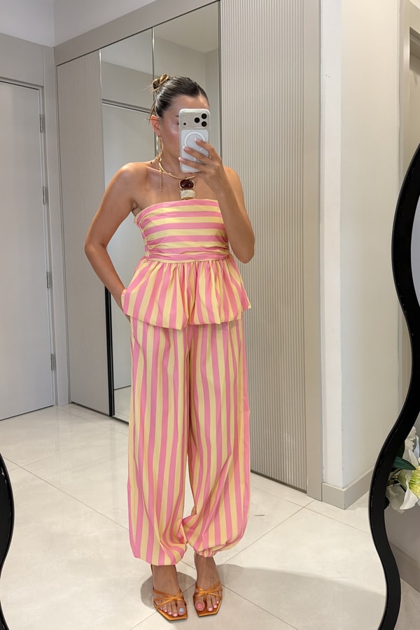 Clary Pembe-Sarı Çizgili Straplez Bluz Pantolon Takım