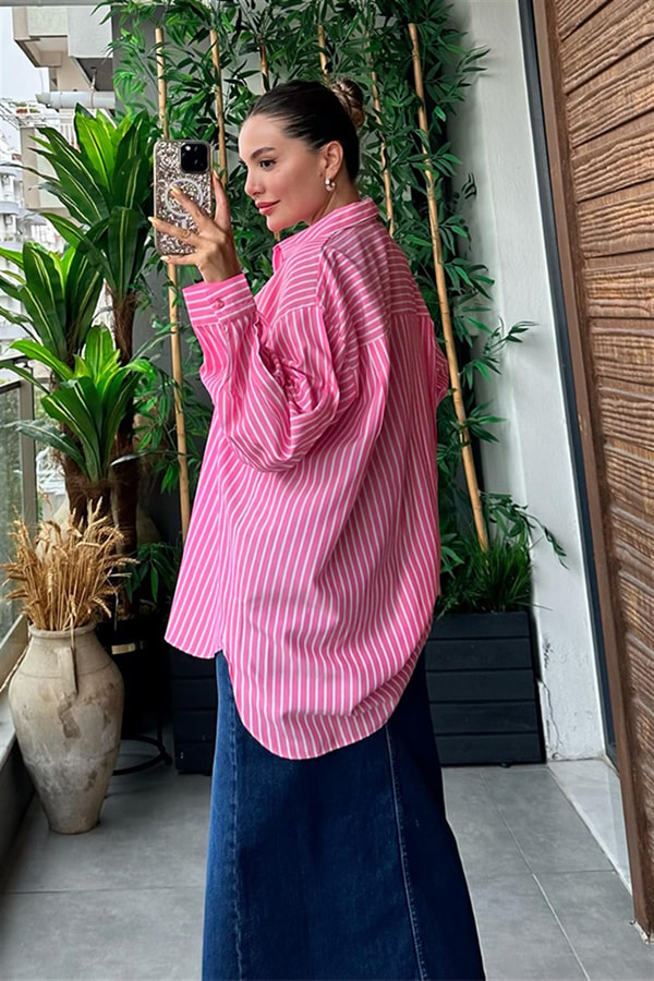Classic pembe çizgili oversize gömlek