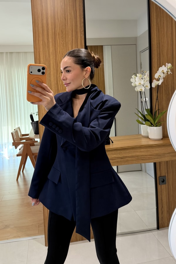 Classy Lacivert Şal Detaylı Blazer 