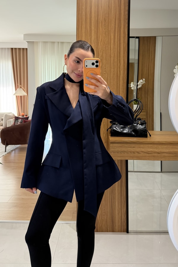 Classy Lacivert Şal Detaylı Blazer 