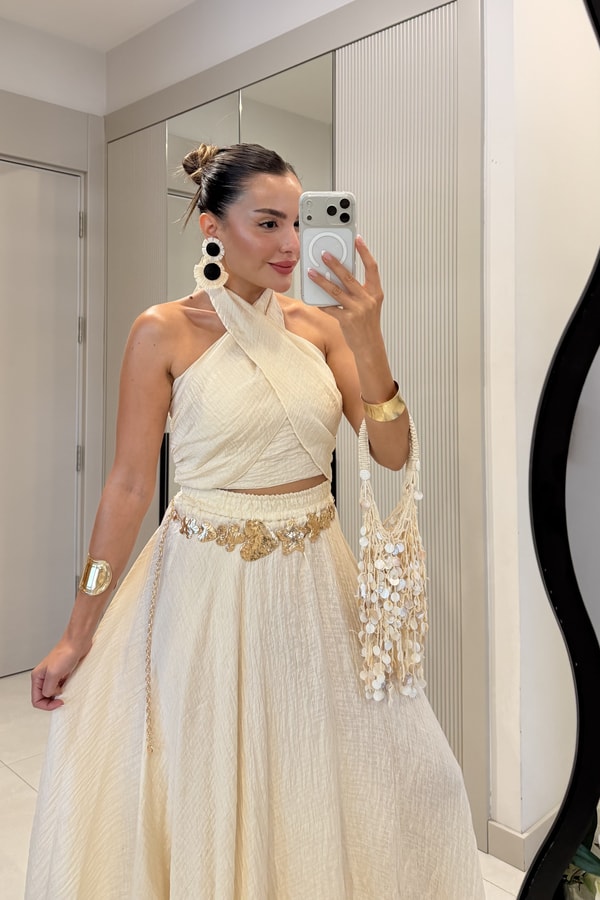 Cleo Bej Boyundan Bağlamalı Etekli Takım