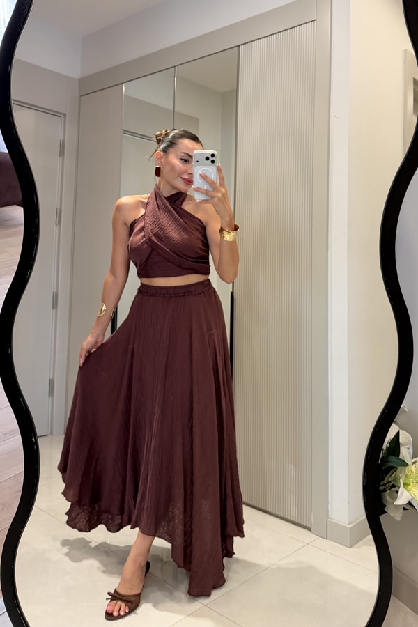 Cleo Bordo Boyundan Bağlamalı Etekli Takım