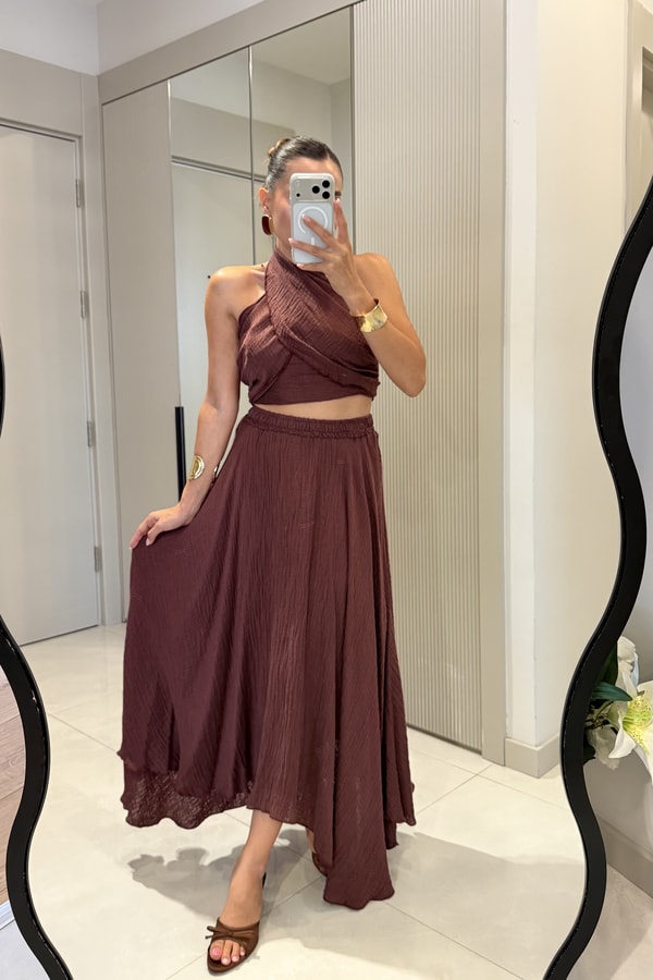 Cleo Bordo Boyundan Bağlamalı Etekli Takım