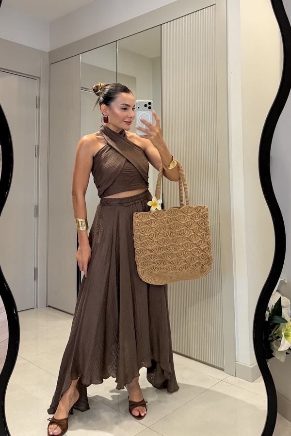 Cleo Kahve Boyundan Bağlamalı Etekli Takım