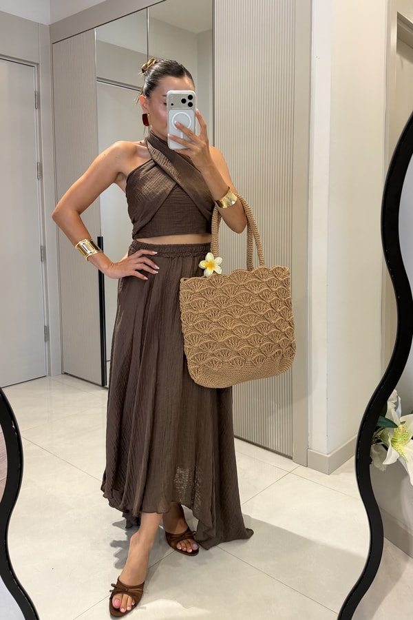 Cleo Kahve Boyundan Bağlamalı Etekli Takım