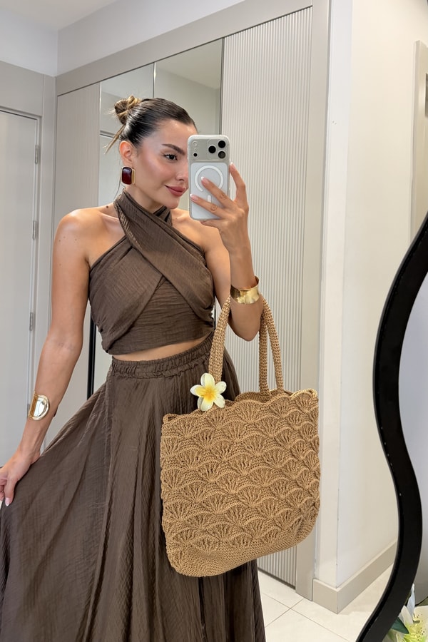 Cleo Kahve Boyundan Bağlamalı Etekli Takım