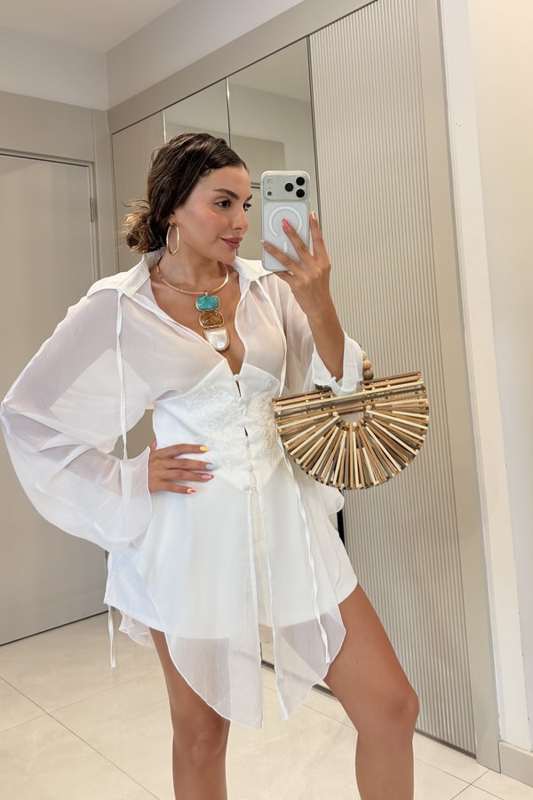 Cloys Beyaz Korse Detaylı Şifon Gömlek