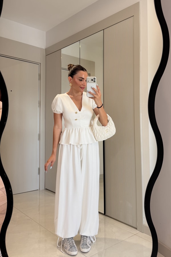Como Beyaz Peplum Bluz Şalvarlı Modal Takım