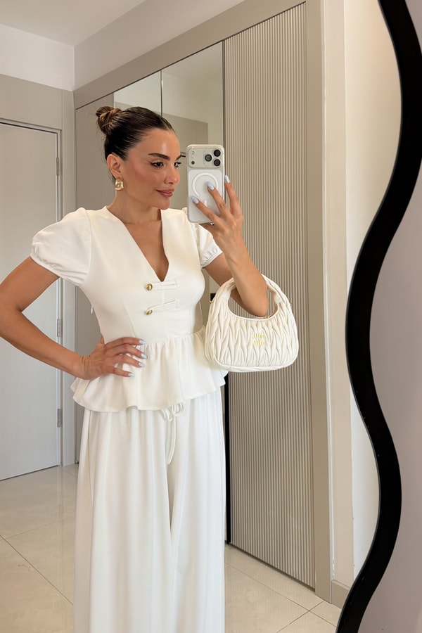 Como Beyaz Peplum Bluz Şalvarlı Modal Takım
