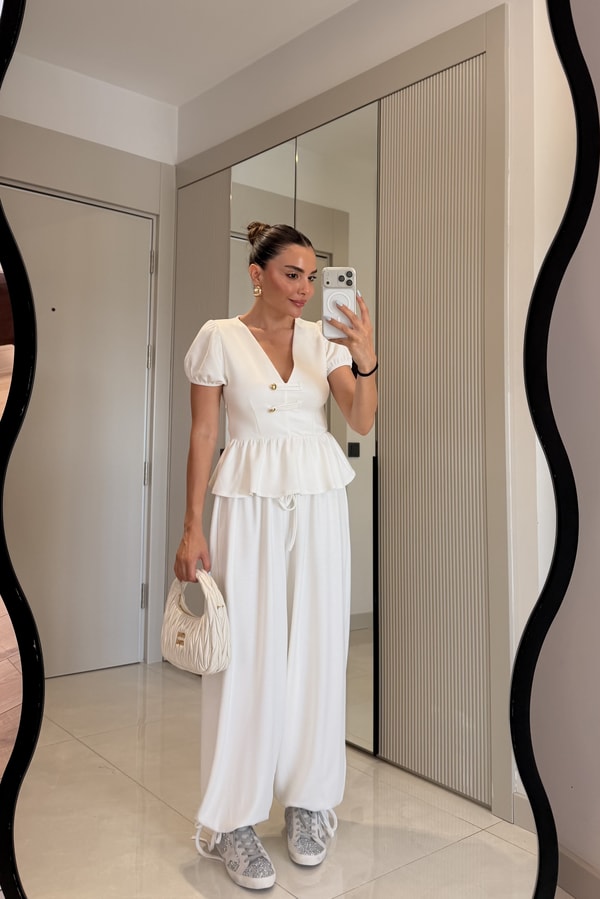 Como Beyaz Peplum Bluz Şalvarlı Modal Takım