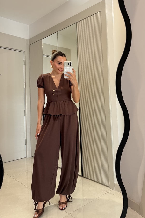 Como Kahve  Peplum Bluz Şalvarlı Modal Takım