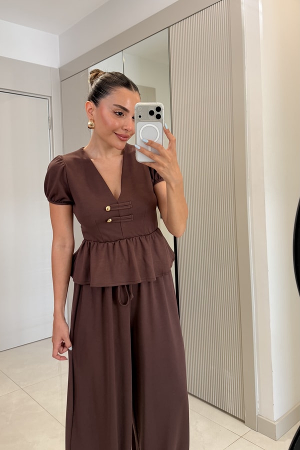 Como Kahve  Peplum Bluz Şalvarlı Modal Takım