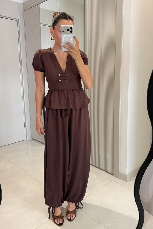Como Kahve  Peplum Bluz Şalvarlı Modal Takım