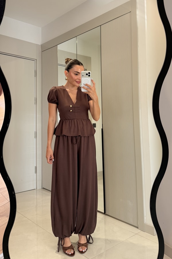 Como Kahve  Peplum Bluz Şalvarlı Modal Takım