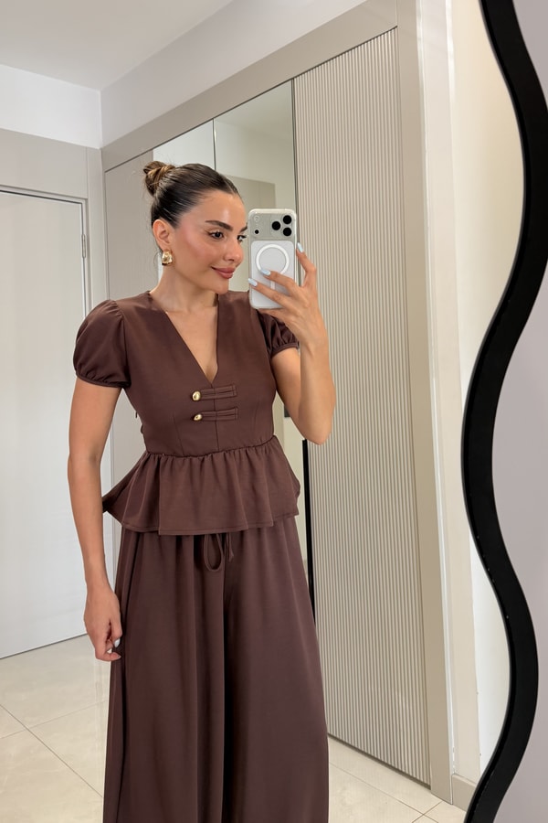 Como Kahve  Peplum Bluz Şalvarlı Modal Takım