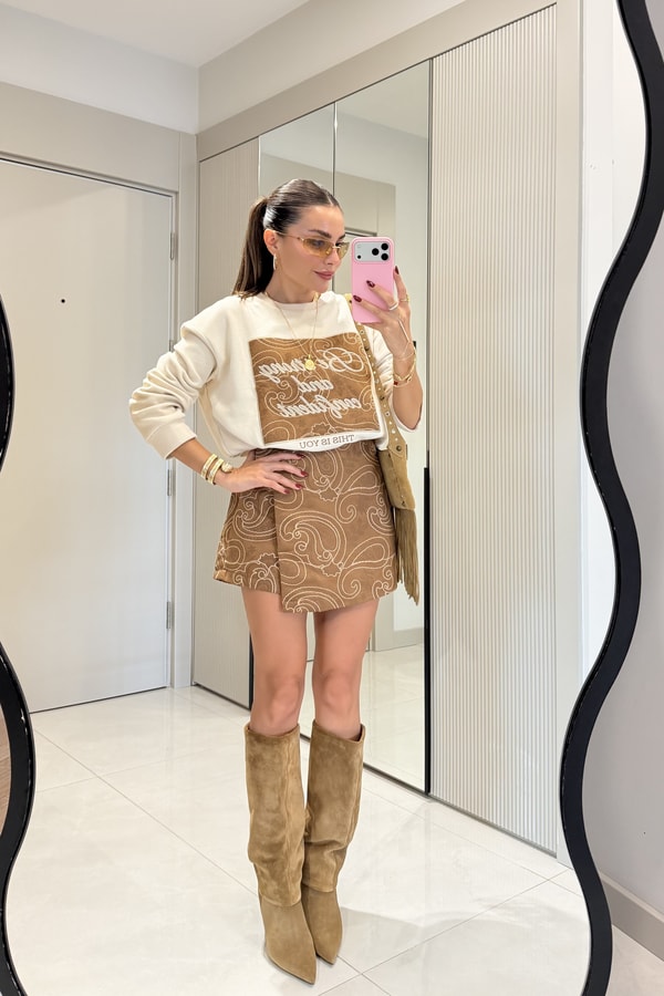 Confiend Camel Nakışlı Mini Şort Etek