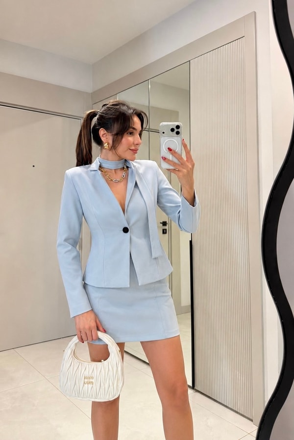 Conroy Bebe Mavi Kendinden Fularlı Etek Blazer Takım