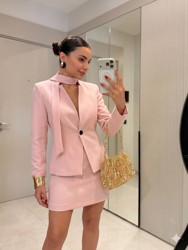 Conroy Pembe Kendinden Fularlı Etek Blazer Takım