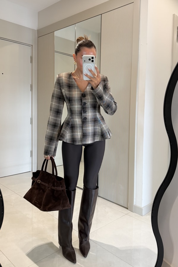 Coralia Kahve Ekose Bele Oturan Blazer Ceket