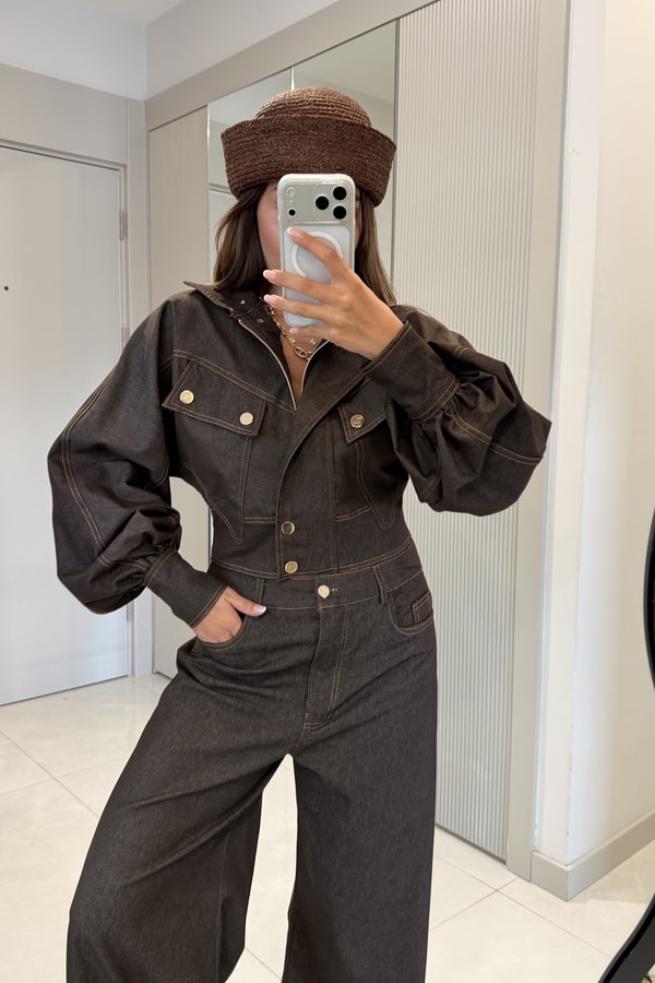 Corvina Kahve Balon Kol Premium Denim Takım