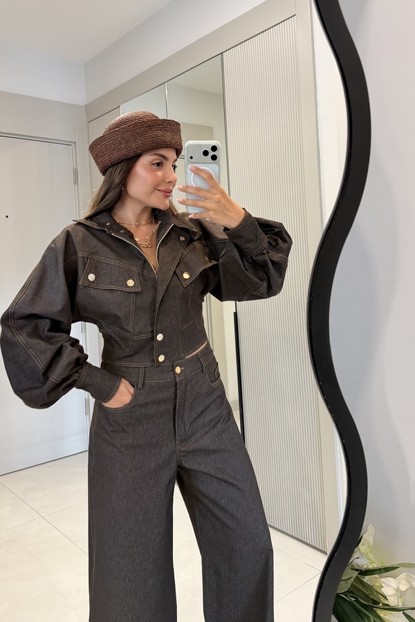 Corvina Kahve Balon Kol Premium Denim Takım