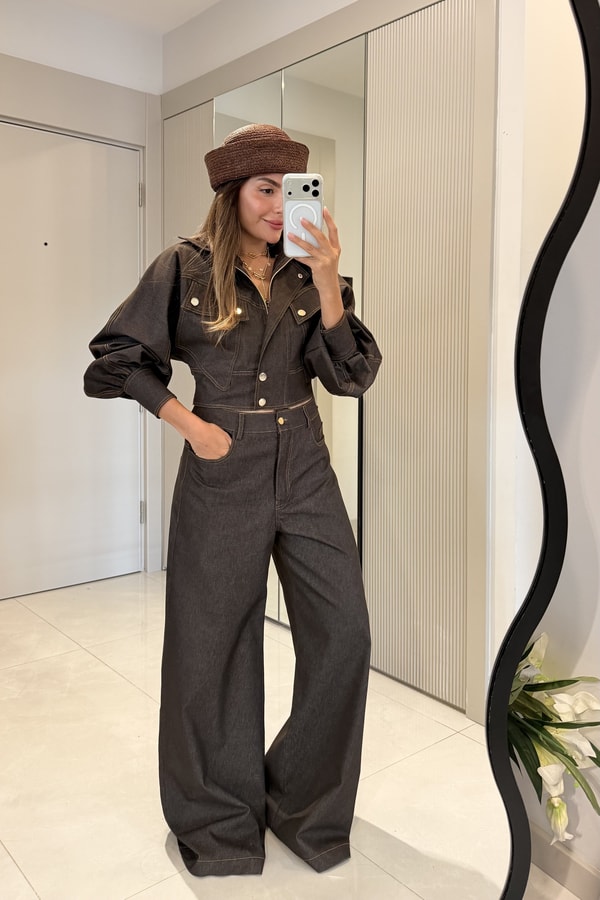Corvina Kahve Balon Kol Premium Denim Takım