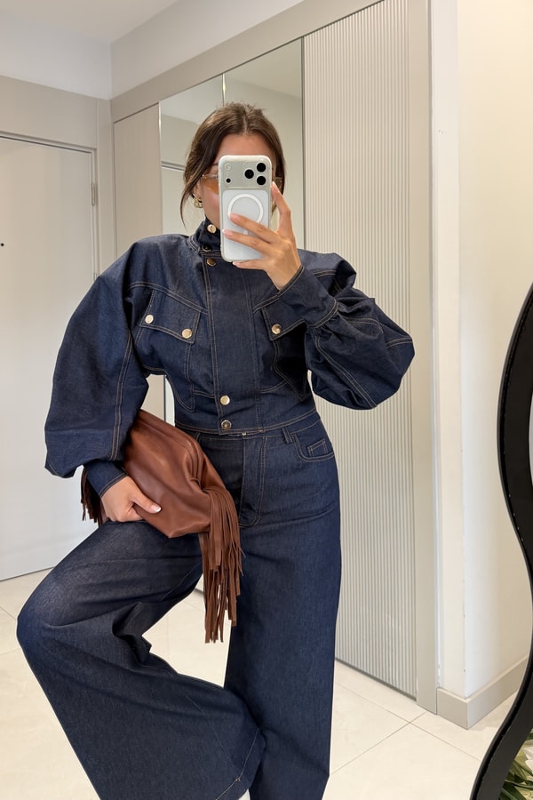 Corvina Lacivert Balon Kol Premium Denim Takım