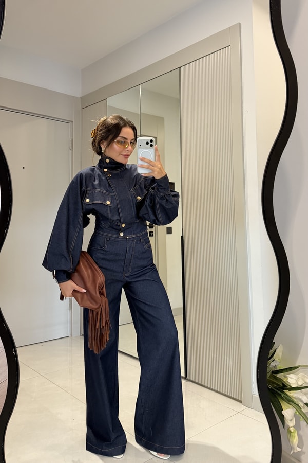 Corvina Lacivert Balon Kol Premium Denim Takım