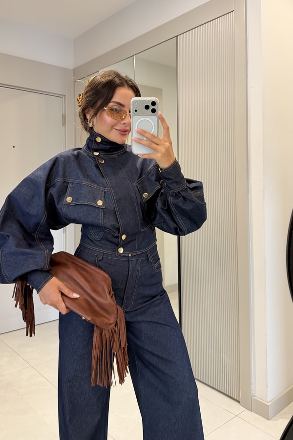 Corvina Lacivert Balon Kol Premium Denim Takım