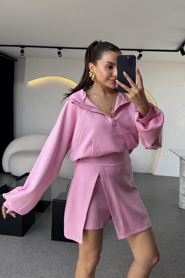 Cruz Pembe Taşlı Şortlu İkili Takım