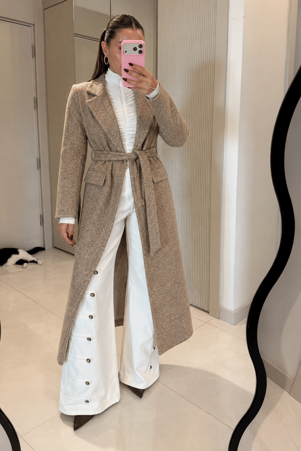 Darel Camel Kuşaklı Kırçıllı Uzun Kaşe Kaban