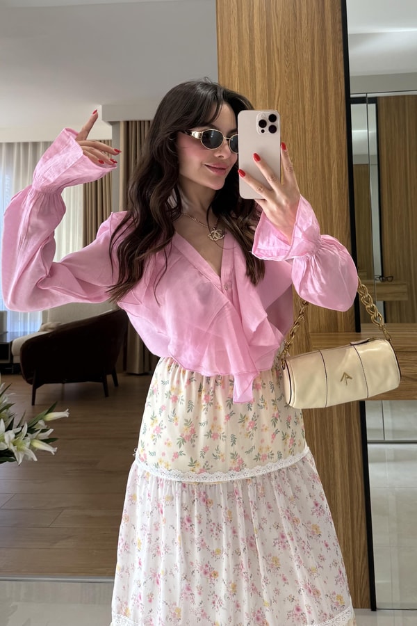 Dealer Pembe Fırfırlı Transparan Gömlek