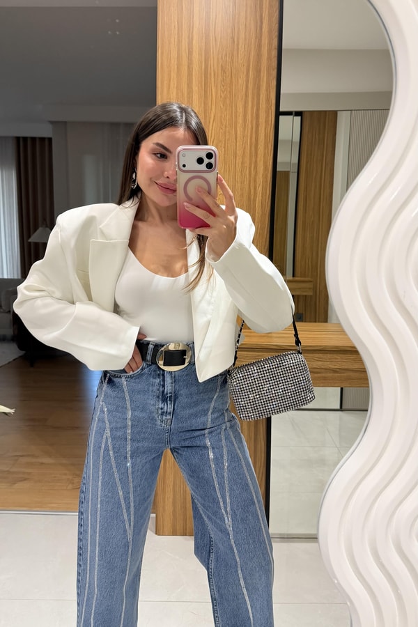 Denhaag Beyaz Premium Vatkalı Mini Ceket