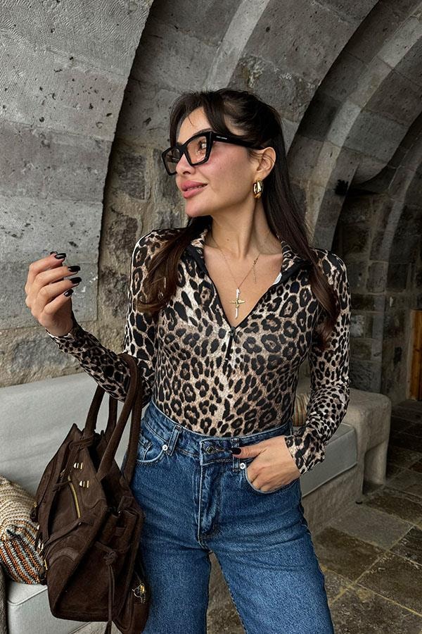 Disce Leopar Fermuarlı Bodysuit