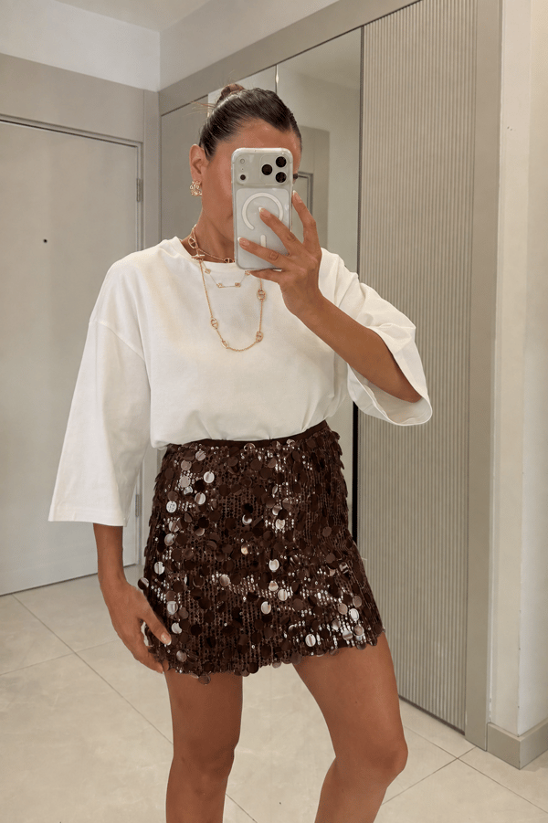 Disco Kahve Pul Payet Mini Etek