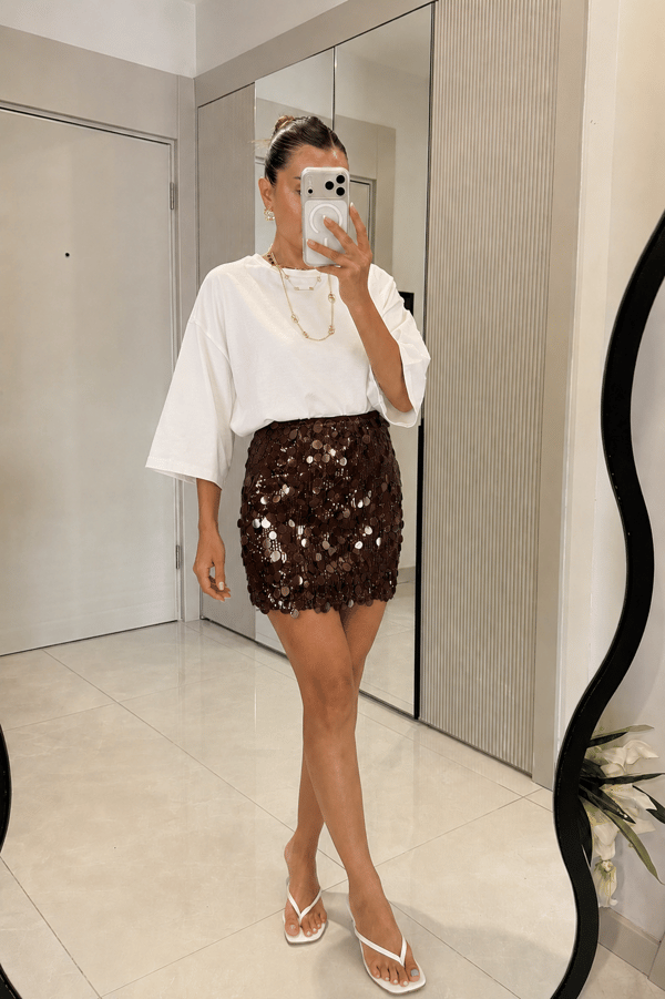 Disco Kahve Pul Payet Mini Etek
