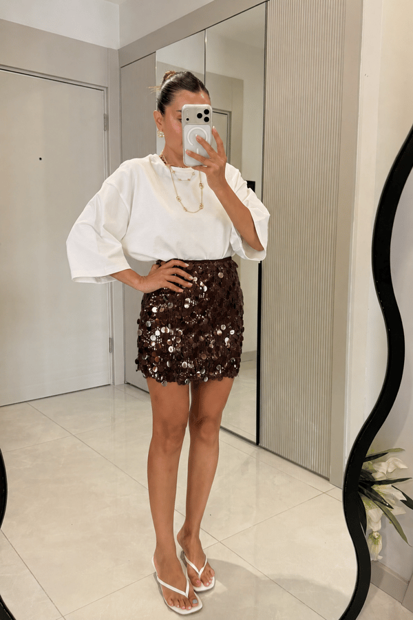 Disco Kahve Pul Payet Mini Etek