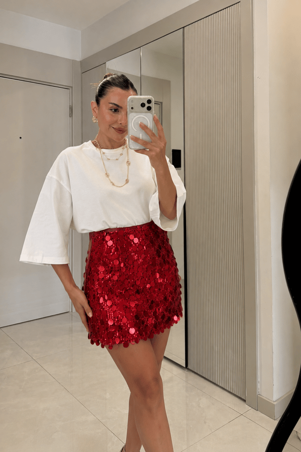Disco Kırmızı Pul Payet Mini Etek