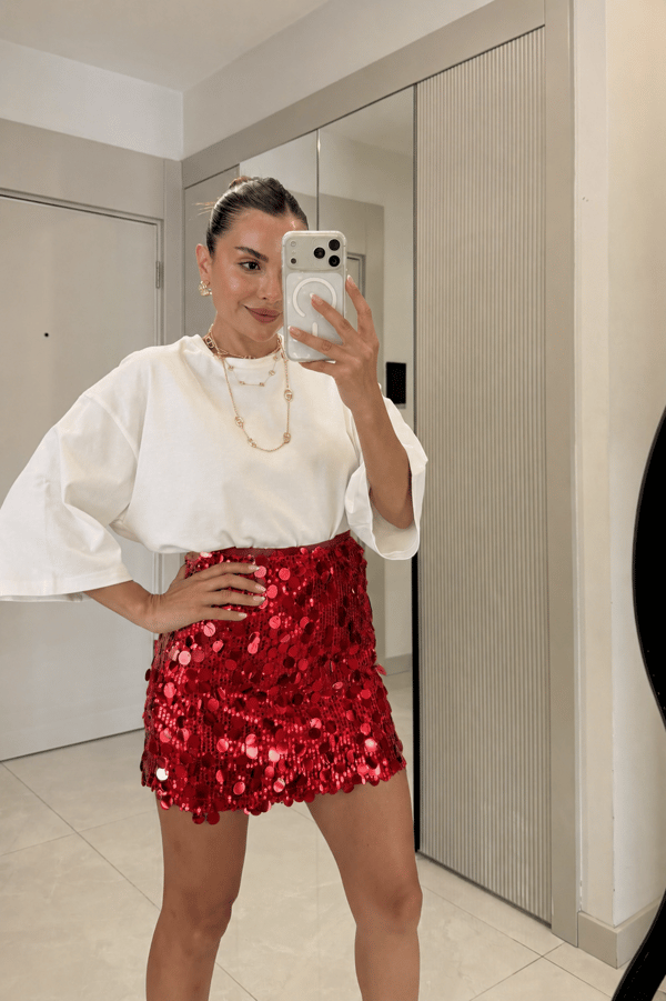 Disco Kırmızı Pul Payet Mini Etek