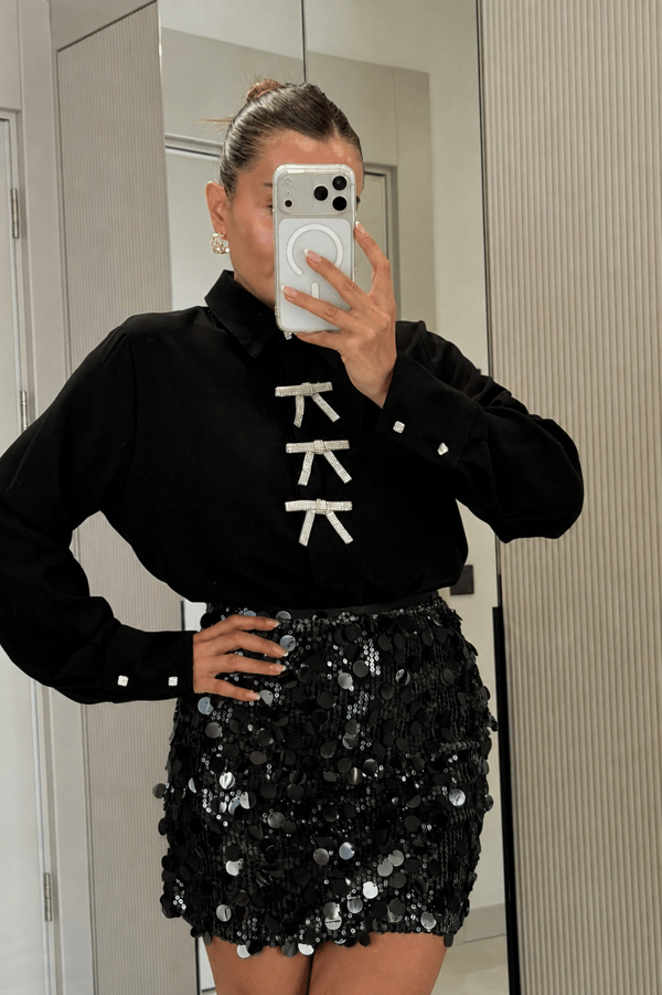 Disco Siyah Pul Payet Mini Etek